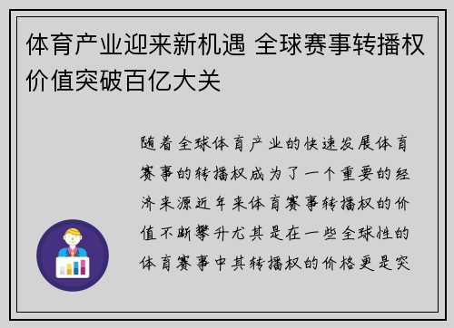 体育产业迎来新机遇 全球赛事转播权价值突破百亿大关