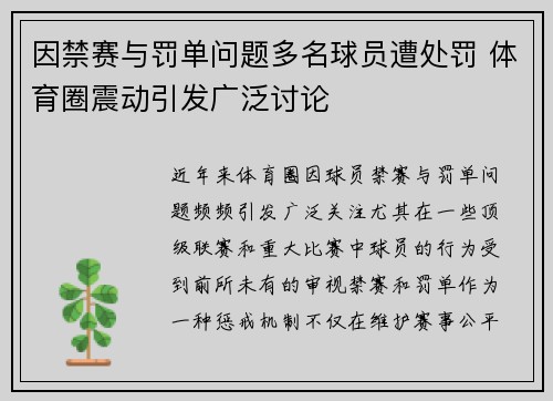 因禁赛与罚单问题多名球员遭处罚 体育圈震动引发广泛讨论